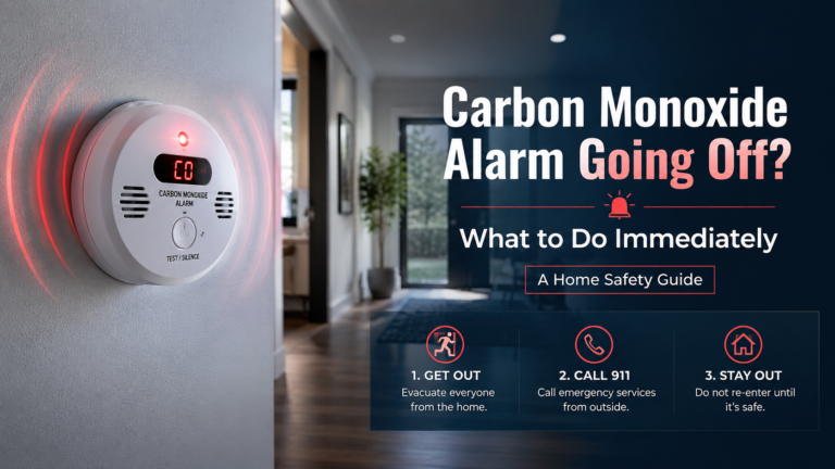 Carbon monoxide alarm sounding in a modern home with emergency safety steps: get out, call 911, and stay out.