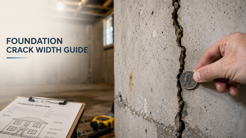 Homeowner measuring a concrete foundation crack with a coin to check crack width and structural warning signs.