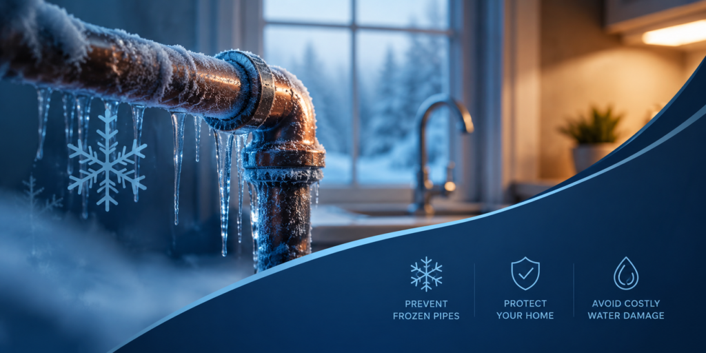 Frozen pipe with ice buildup inside a warm home, showing winter plumbing protection and frozen pipe prevention tips.