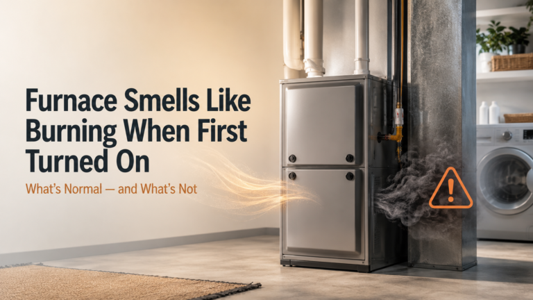Professional blog cover showing a home furnace with smoke and a warning icon, explaining what furnace burning smells are normal and when to call an HVAC technician.