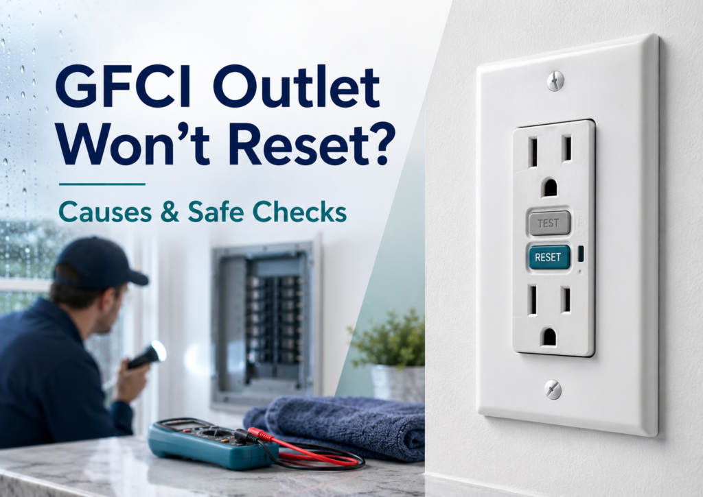 Close-up of a GFCI outlet with test and reset buttons, showing safe electrical troubleshooting for an outlet that will not reset.