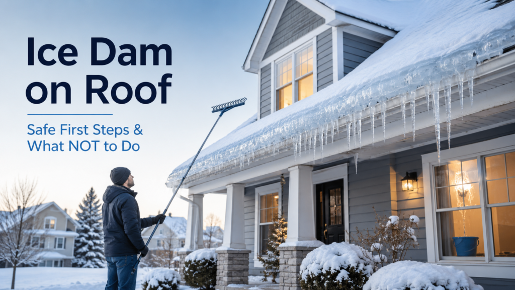 Snow-covered roof with ice dam and icicles while a homeowner safely uses a roof rake from the ground.