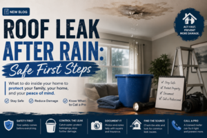Roof leak after rain with water dripping from a damaged ceiling into a bucket, showing safe first steps to protect a home from water damage.