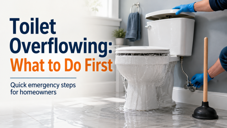Person wearing blue gloves turns off the toilet water supply valve while a toilet overflows in a modern bathroom.