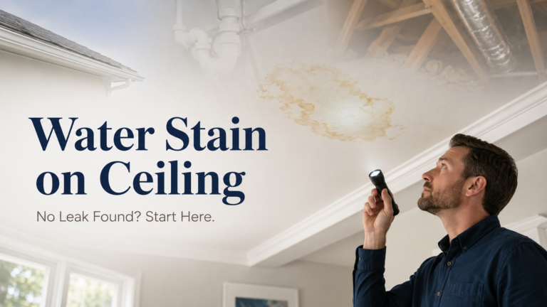 Homeowner inspecting a ceiling water stain with a flashlight to find hidden leak sources.