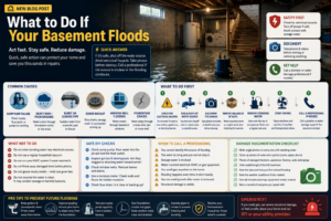 Flooded basement cover image showing standing water, a sump pump, emergency safety icons, and steps to reduce water damage after basement flooding.