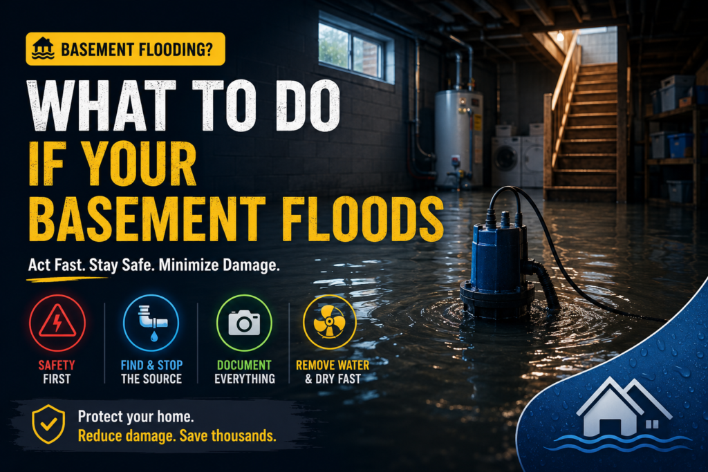 Flooded basement cover image showing standing water, a sump pump, emergency safety icons, and steps to reduce water damage after basement flooding.