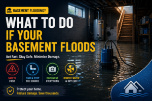 Flooded basement cover image showing standing water, a sump pump, emergency safety icons, and steps to reduce water damage after basement flooding.