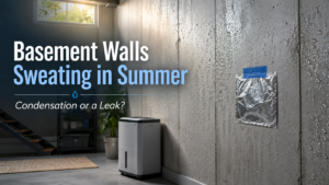 Damp basement concrete wall with moisture droplets, foil tape test, and dehumidifier showing summer condensation versus a possible leak.