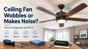 Modern ceiling fan wobbling with repair tools, showing how to diagnose fan noise, blade imbalance, loose screws, and mounting problems.