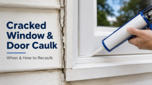 Cracked window and door caulk being repaired with fresh sealant around a white exterior frame