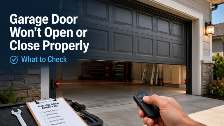 Garage door partially open with safety sensors, remote control, and checklist for troubleshooting why a garage door won’t open or close properly.