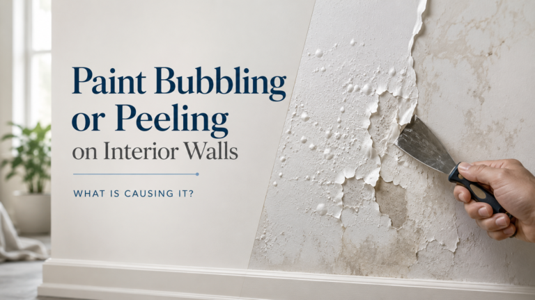 Peeling and bubbling paint on an interior wall being scraped, showing moisture damage and paint failure.