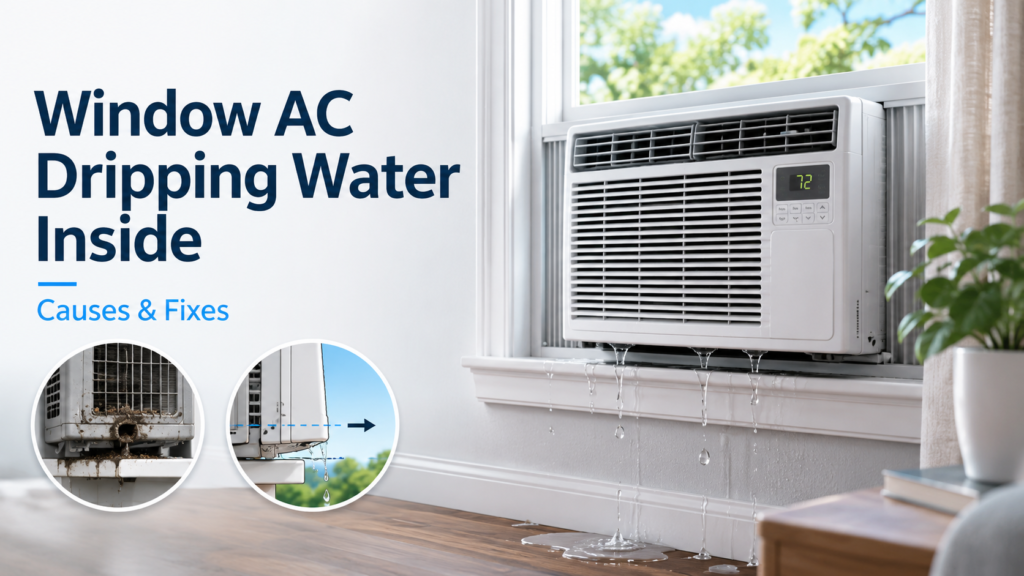 Window AC unit dripping water inside due to a clogged drain hole or incorrect tilt, with visual tips for fixing indoor leaks.