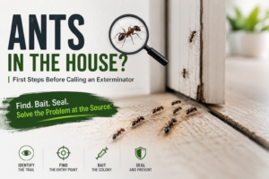 Ant trail entering a home through a door gap with text about first steps before calling an exterminator.