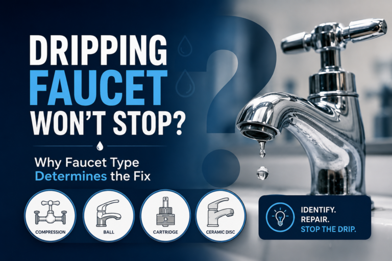 Chrome dripping faucet with four faucet types for diagnosing and fixing a leaky faucet