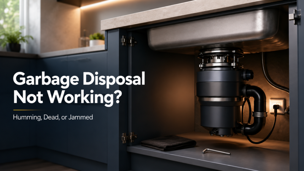Garbage disposal under a kitchen sink with a hex wrench for troubleshooting humming, dead, or jammed issues.