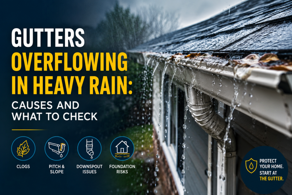 Rainwater overflowing from clogged house gutters during heavy rain, showing downspout problems, gutter pitch issues, and foundation water damage risks.