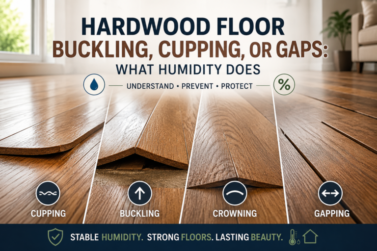 Hardwood floor showing buckling, cupping, crowning, and gaps caused by indoor humidity changes.