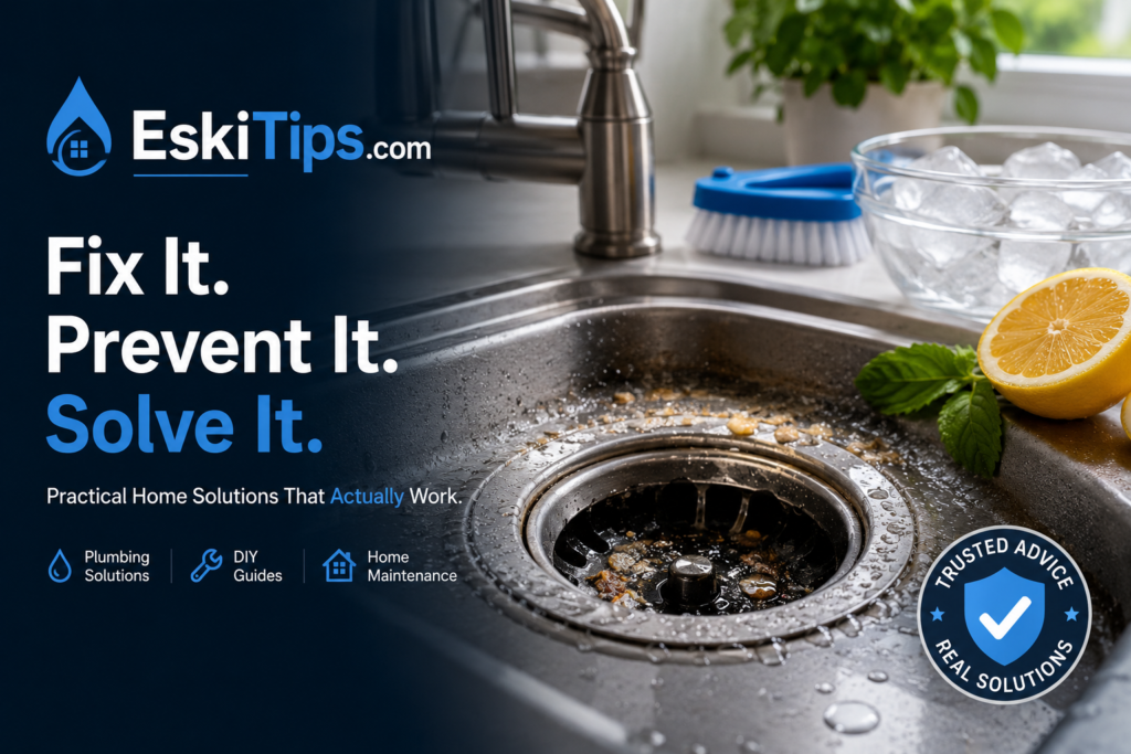 Modern kitchen sink with garbage disposal cleaning items for fixing bad drain smells and kitchen sink odor problems