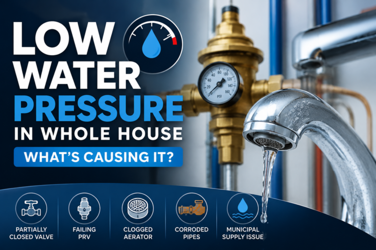 Low water pressure in a whole house shown with a faucet, pressure gauge, and pressure-reducing valve.