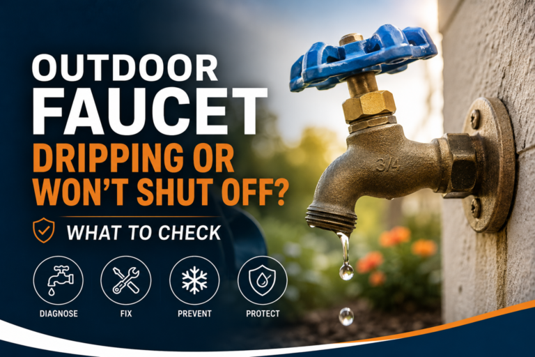 Close-up of a dripping outdoor faucet with diagnostic icons and overlay text reading 'Outdoor Faucet Dripping or Won’t Shut Off? What to Check' — professional plumbing repair infographic.