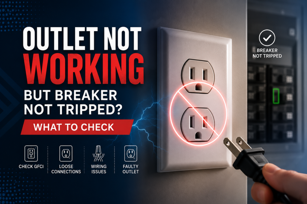 Electrical outlet not working while the breaker is not tripped, with a plug, breaker panel, and safety troubleshooting icons for GFCI, loose connections, wiring issues, and faulty outlets.