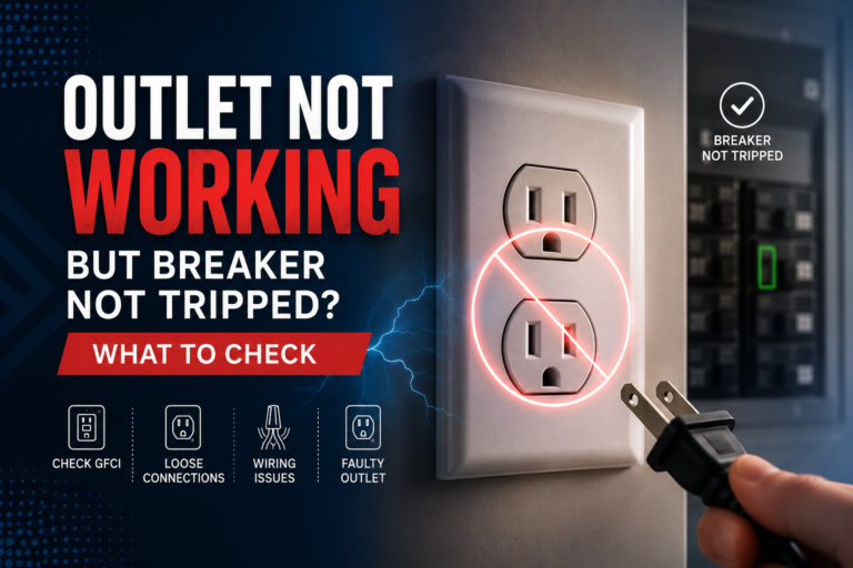 Electrical outlet not working while the breaker is not tripped, with a plug, breaker panel, and safety troubleshooting icons for GFCI, loose connections, wiring issues, and faulty outlets.