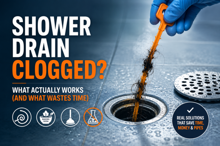 Gloved hand removing a hair clog from a shower drain with a plastic drain snake.