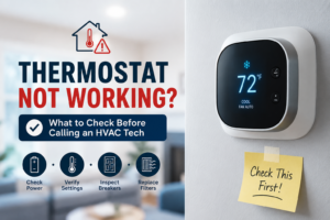 Smart thermostat displaying 72°F beside the headline “Thermostat Not Working?” with HVAC troubleshooting icons.