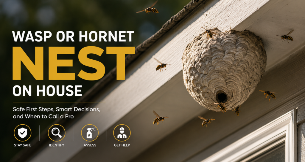 Wasp or hornet nest attached to a house exterior with wasps flying nearby, illustrating safe first steps for nest identification and removal.