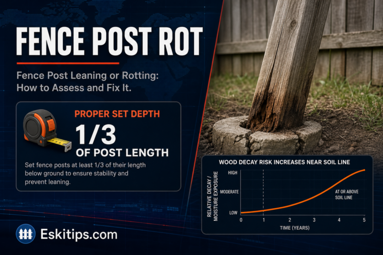 Leaning wooden fence post with rot at the base near the soil line, showing why proper set depth of about one-third of the post length prevents fence post failure