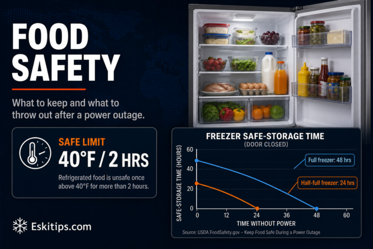 Refrigerator and freezer food safety chart after a power outage, showing that refrigerated food becomes unsafe once above 40°F for more than 2 hours