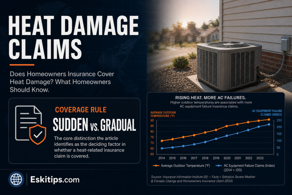 Residential air conditioner compressor outside a home during extreme heat, illustrating how homeowners insurance distinguishes sudden covered damage from gradual heat-related equipment wear when reviewing a heat damage claim.