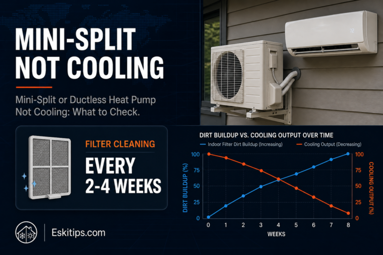 Outdoor mini-split condenser and indoor ductless heat pump head, highlighting the every 2 to 4 weeks filter cleaning schedule needed to fix a mini-split that stops cooling effectively.