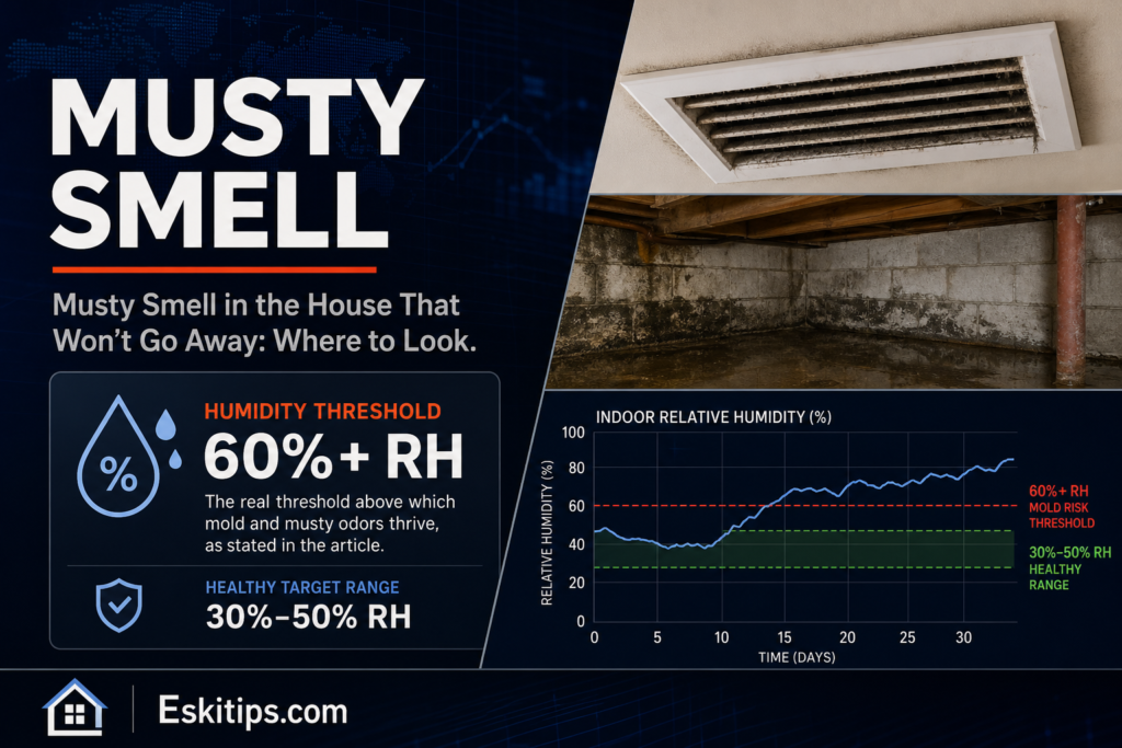 Musty smell in a house traced to hidden moisture, showing how indoor humidity above 60% creates the conditions for mold and mildew odor to spread through HVAC ducts and crawlspaces
