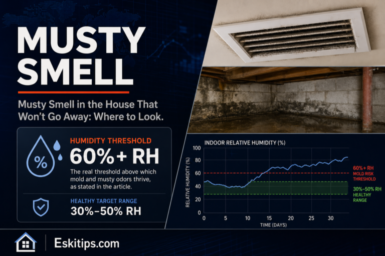 Musty smell in a house traced to hidden moisture, showing how indoor humidity above 60% creates the conditions for mold and mildew odor to spread through HVAC ducts and crawlspaces