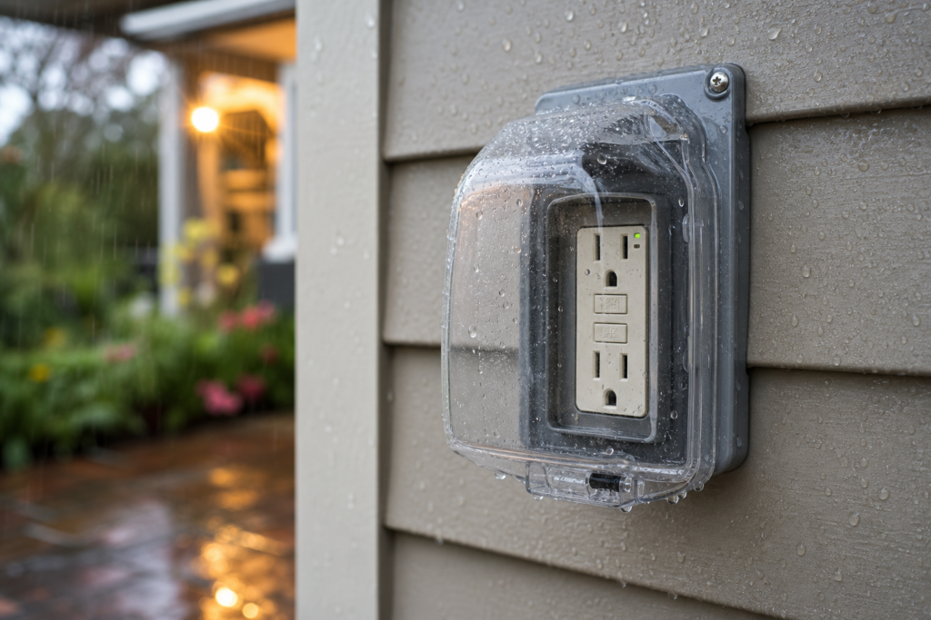 Outdoor GFCI electrical outlet with a weatherproof bubble cover and visible rain droplets, illustrating an outlet that trips after rain