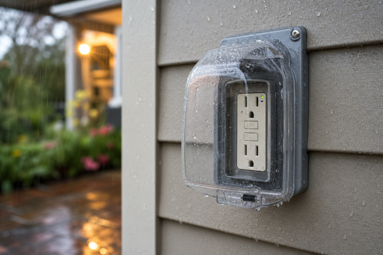 Outdoor GFCI electrical outlet with a weatherproof bubble cover and visible rain droplets, illustrating an outlet that trips after rain