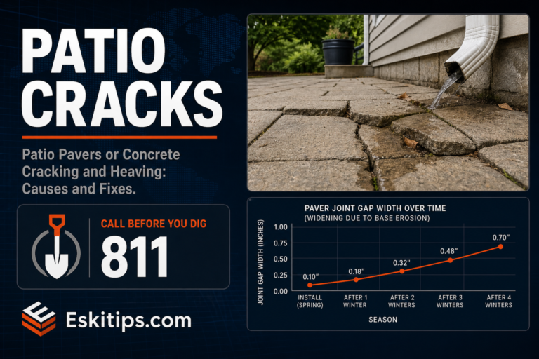Cracked and heaving patio pavers near a home foundation, illustrating how drainage and base erosion cause concrete damage and why calling 811 before digging matters