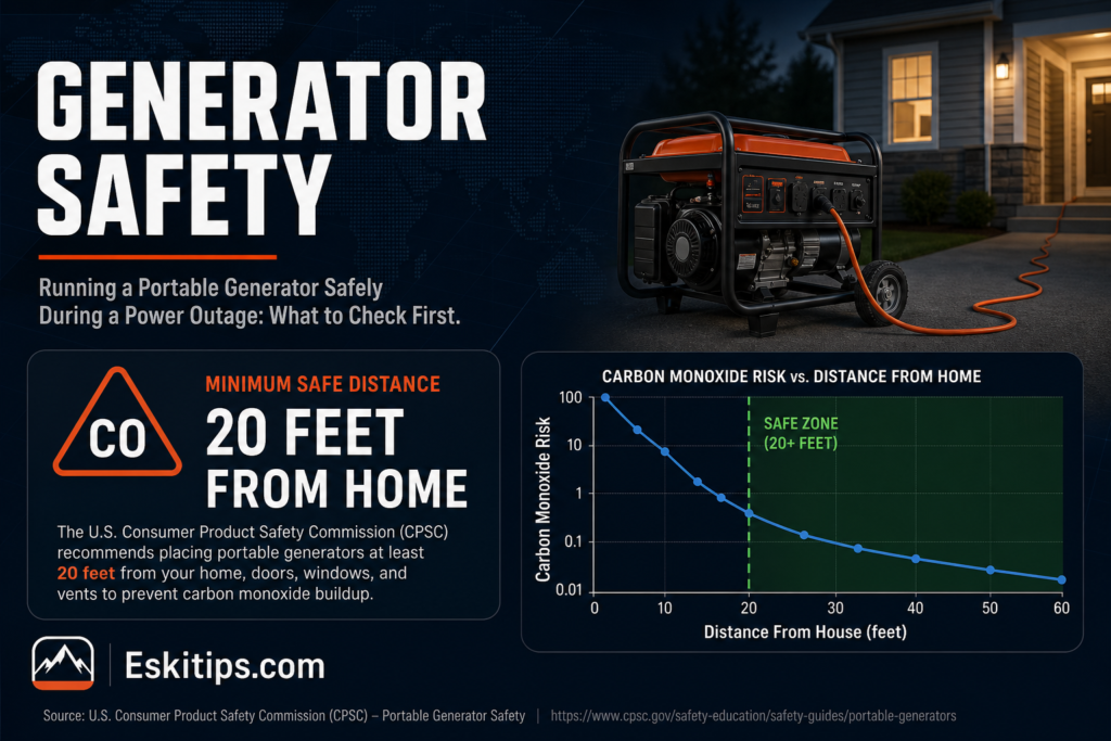 Portable generator running outdoors at a safe distance from a house during a power outage, illustrating the 20-foot carbon monoxide safety rule for generator placement