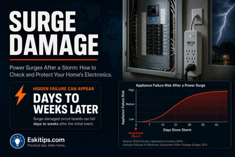 Home electrical panel and surge protector strip after a storm, showing how power surges can cause hidden electronics damage that appears days or weeks later