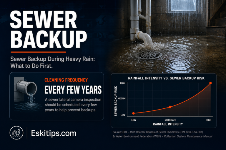 Basement floor drain backing up with contaminated water during a heavy rainstorm, illustrating a sewer backup and the importance of scheduling a sewer lateral camera inspection every few years to prevent it.