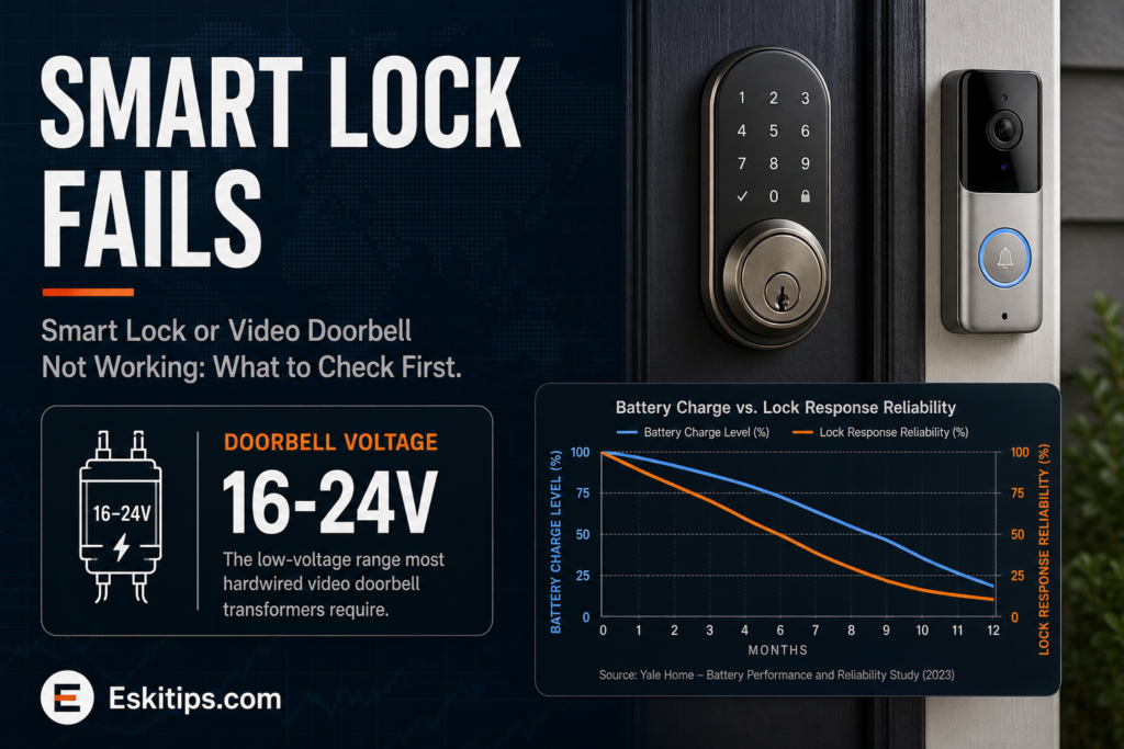 Smart lock deadbolt and video doorbell on a front door, showing the 16 to 24 volt low-voltage transformer range hardwired doorbells require when troubleshooting a smart lock or doorbell that stopped working.