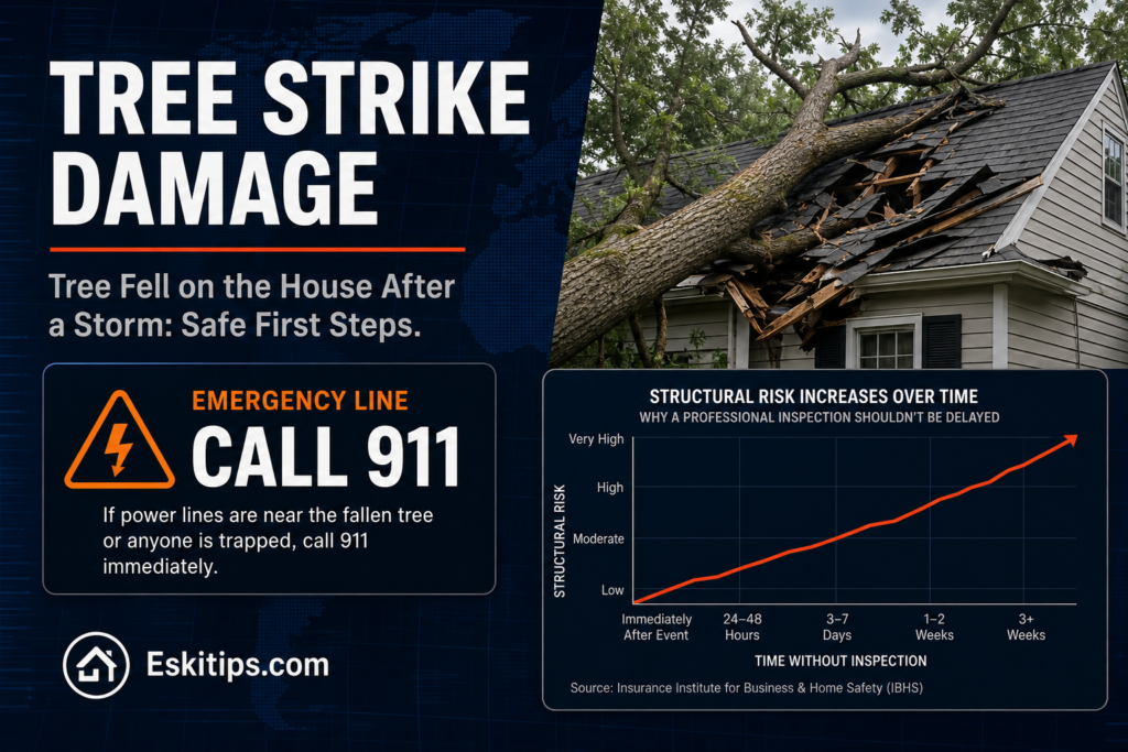 Large tree fallen on a home's roof after a storm, showing structural damage and the emergency response steps homeowners should take, including calling 911 near downed power lines