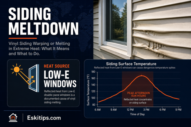 Vinyl siding panels warped and melted from reflected sunlight off a nearby Low-E energy-efficient window during extreme summer heat
