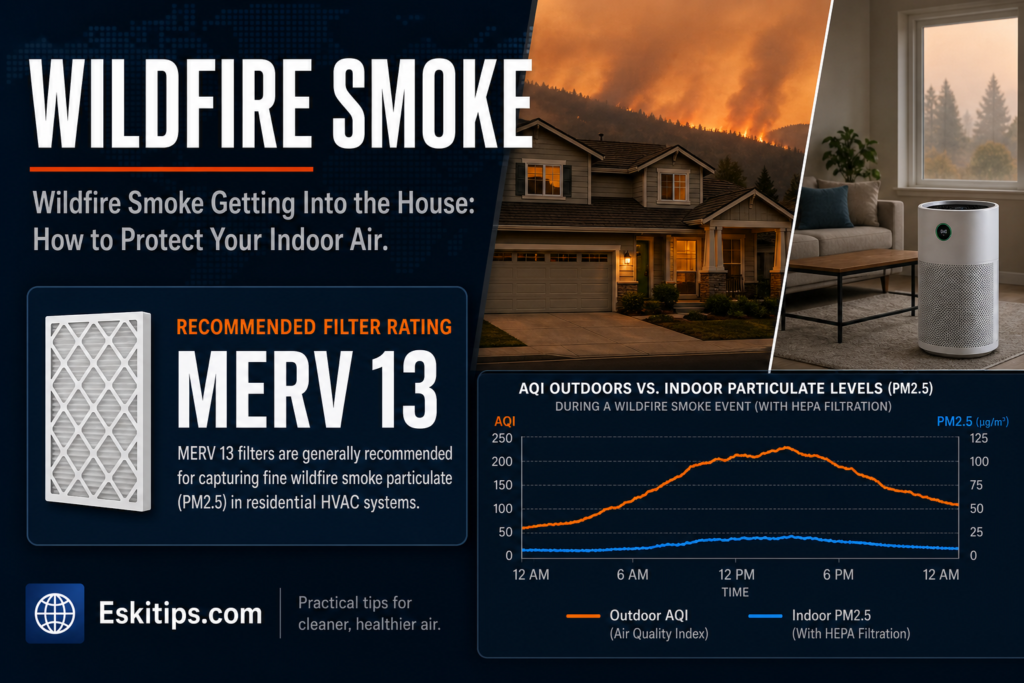 Wildfire smoke surrounding a house with hazy skies, showing why a MERV 13 HVAC filter and HEPA air purifier help protect indoor air quality during a smoke event