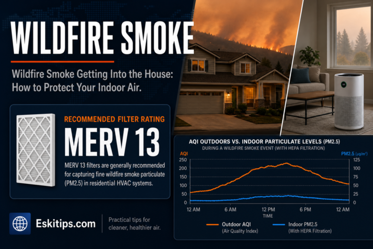 Wildfire smoke surrounding a house with hazy skies, showing why a MERV 13 HVAC filter and HEPA air purifier help protect indoor air quality during a smoke event