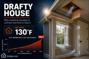 A drafty summer house losing cooled air through window frames, door edges, outlets, and an attic hatch, with a 130°F hot attic highlighted.
