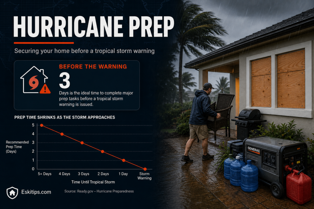 Homeowner securing outdoor items, protecting windows, and preparing backup power before a tropical storm warning.